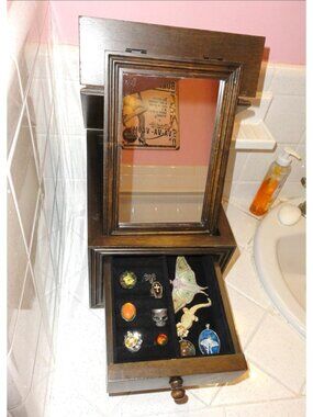 Vintage Wood Dressing Table Flip Top Mirror w/ Drawers jewelry box vanity